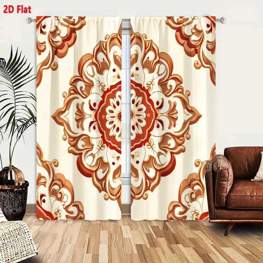 2PCS Digital Print Curtains, Warm Brown Mandala Pattern, Bohemian Medallion Living Room Decor Ethnic Spiritual Art Cozy Drapes