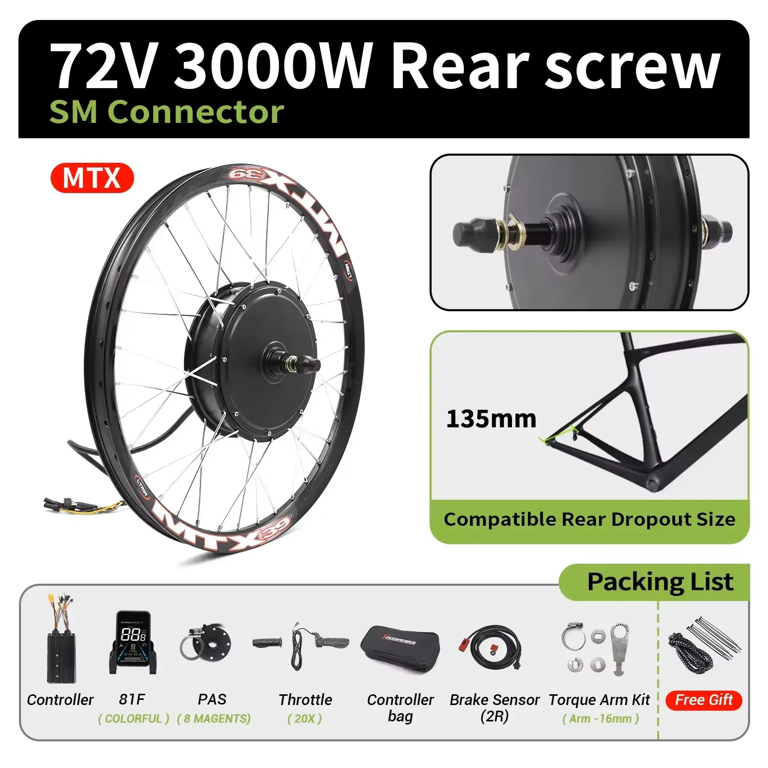ESOULBIKE 72V 3000W 52V 2000W Achterwielnaafmotor 48V 1500W 1000W Elektrische fiets ombouwkit met 20Ah 30Ah 35Ah accu - afbeelding 1