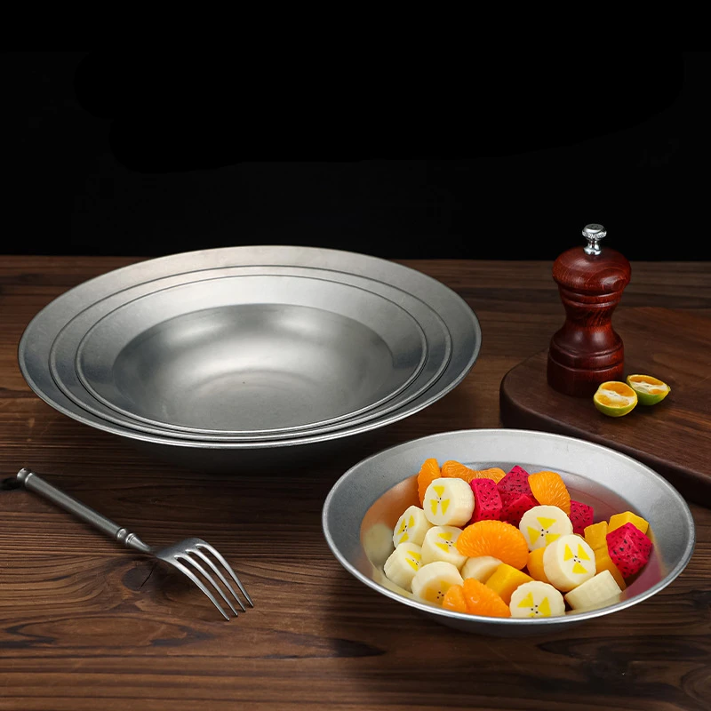 Retro Stainless Steel Pasta Plate Large Size Shallow Dish Household Salad Bowl Thickened Vintage Western Plate Kitchen Tableware