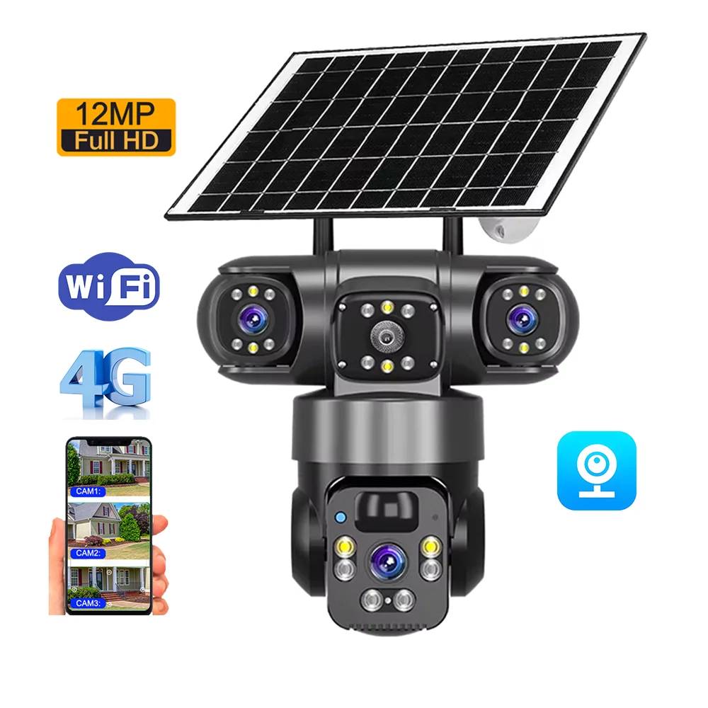 Promotion IV380 Panoramic 360 Wireless WiFi Solar Camera Monitoring Ball Three Lens Sensor Outdoor 12mp Home Security Camera