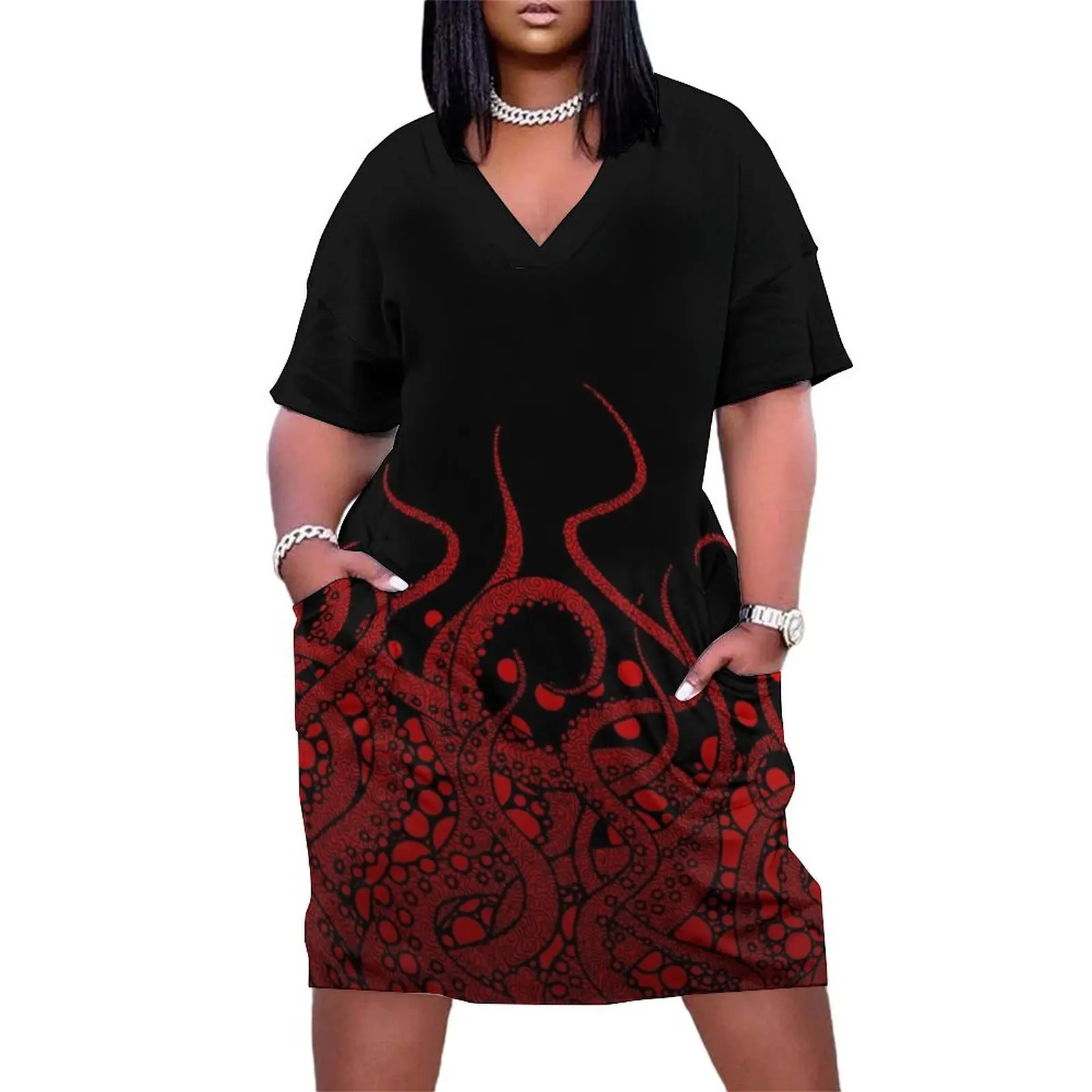 red tentacles on black Loose Pocket Dress Woman dresses Long veiled dresses