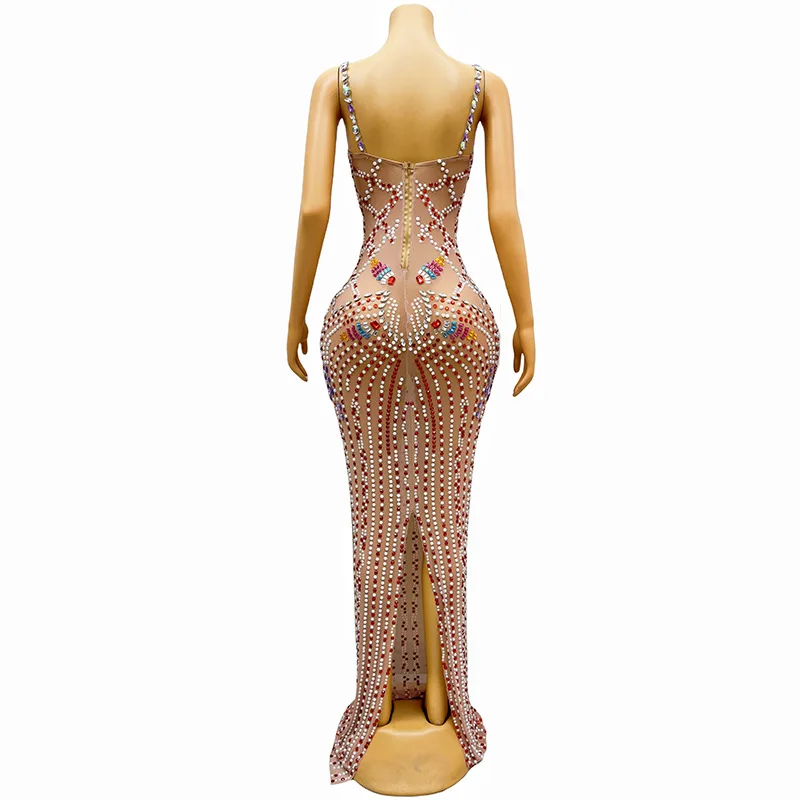 اللون مثير حجر الراين نمط العرقية نمط الحمالة مزاجه حفلة بلا أكمام فستان سهرة طويل فستان رسمي المرأة أنيقة