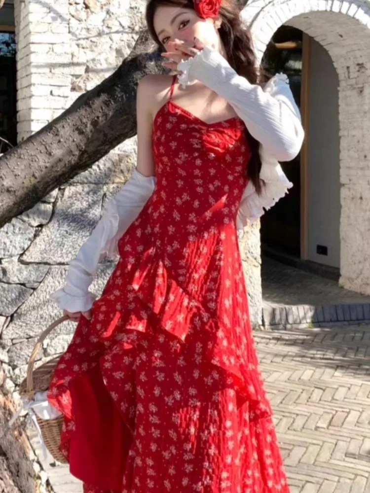 

French Retro Floral Red Sleeveless Dress Ruffled Slim Irregular Elegant Bohemian Dresses Women Summer Beach Vacation Clothes