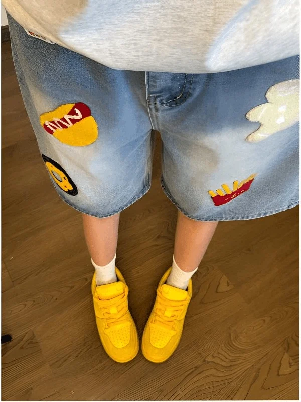 

Towels Embroidered 5-Minute Men's Jeans Shorts Summer American Trendy High Street Wide Leg Five-Quarter Middle Pants