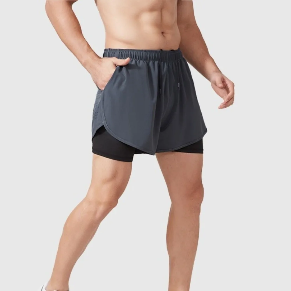 شورت رياضي مريح 2 في 1، سريع الجفاف، شريط عاكس للرجال، ملابس رياضية قابلة للتنفس مع جيب لركوب الدراجات في صالة الألعاب الرياضية