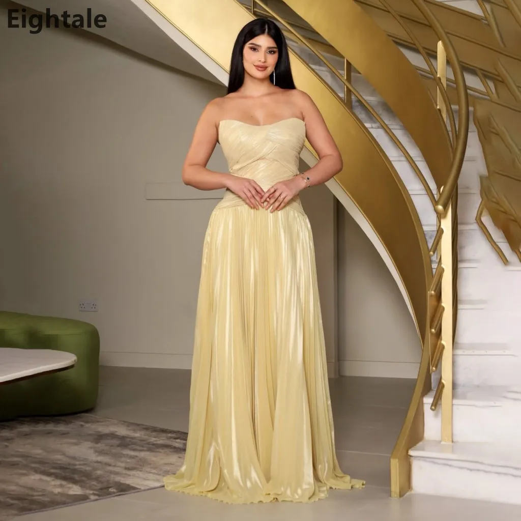 

Eightale 2025 Yellow Strapless Silk Maxi Evening Dress Pleated Formal Prom Dress Dubai Wedding Party Gown Customized