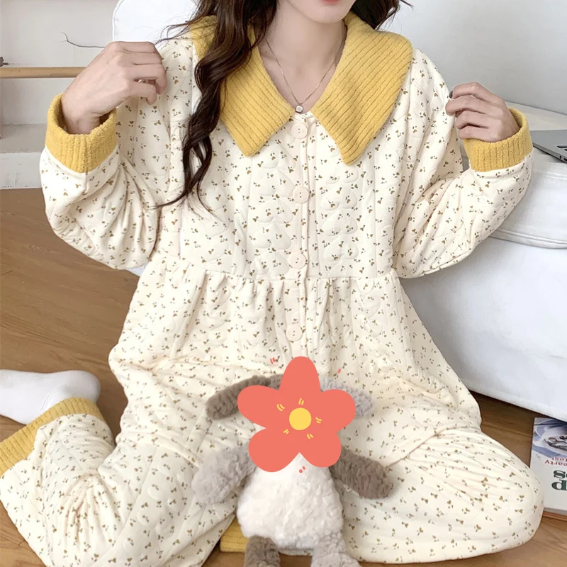 

Женские пижамы, осенне-зимняя теплая новая модель, одежда для сна, утепленный костюм, хлопковый пижамный комплект, домашняя одежда, пижамный комплект с длинными рукавами