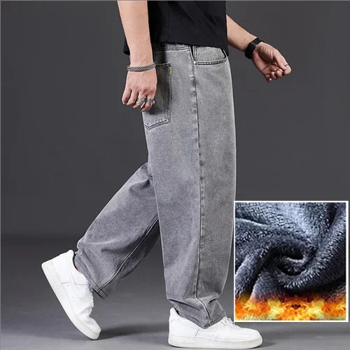 Jeans de pernas largas quentes para homens, calças compridas, jeans largos, tamanho grande, 30 a 48, masculino, inverno