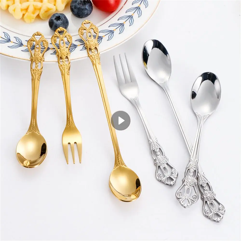 Dessert Teaspoons Long Handle European-style Carved Small Kitchen Accessories Snack Scoop Dinnerware Colorful Stainless Steel