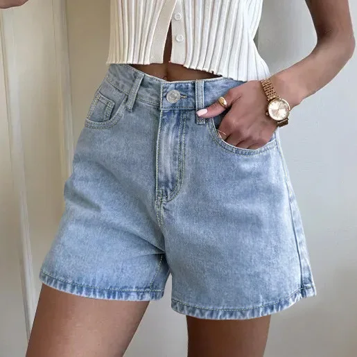 

Hot Short Jeans Women's Mid Waist Cotton Blend Denim with Embroidered Butterfly Knots Comfortable Casual Style Straight Leg