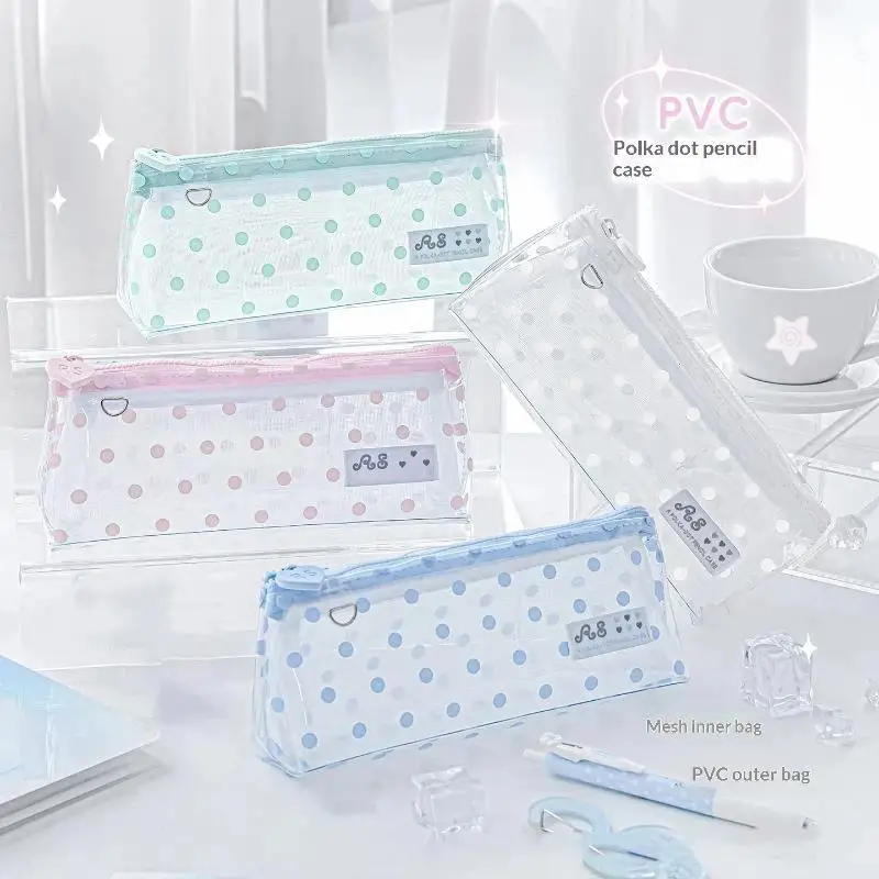 Clear Polka Dot Transparent PVC Pencil Case Portable Detachable Stationery Pouch Multi‑Purpose Storage Bag For Study Daily Organ