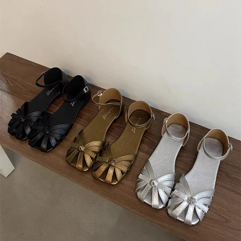 

SUOJIALUN 2025 New Brand Women Sandal Fashion Narrow Band Ladies Elegant Outdoor Dress Slingback Sandal Flat Heel Mules Shoes