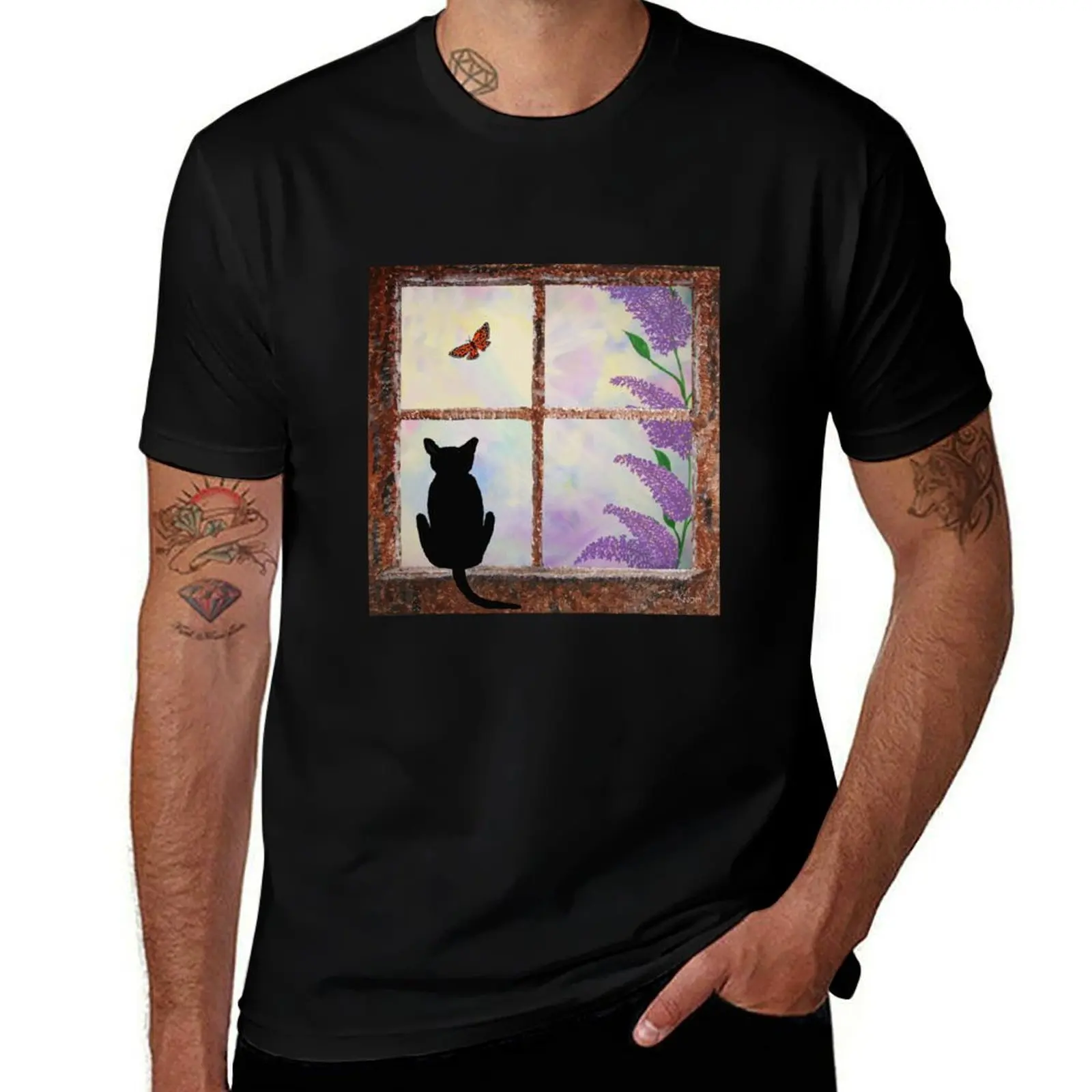 

BLACK CAT WINDOW WITH LILACS AND BUTTERFLY T-Shirt funny shirt cotton gifts for boyfriend blacks mens graphic t-shirts funny
