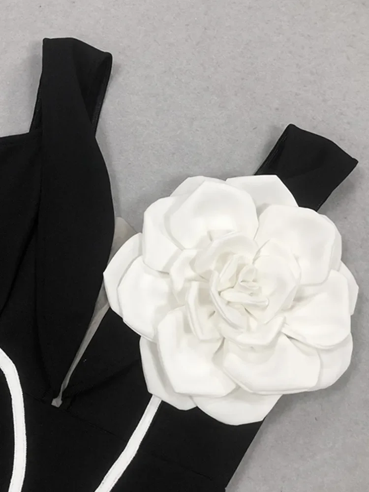 2024 New Women Celebrity Sexy Off Shoulder White Flower Black Midi Bodycon Bandage Dress Elegant Evening Club Party Dress