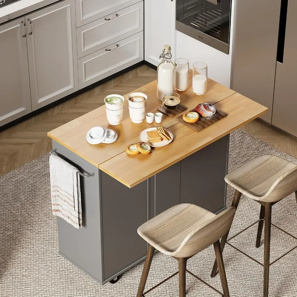 

Rolling Kitchen Island Cart With Folding Drop Leaf Breakfast Bar Portable Trolley Island With Large Storage Cabinet Gray Hand