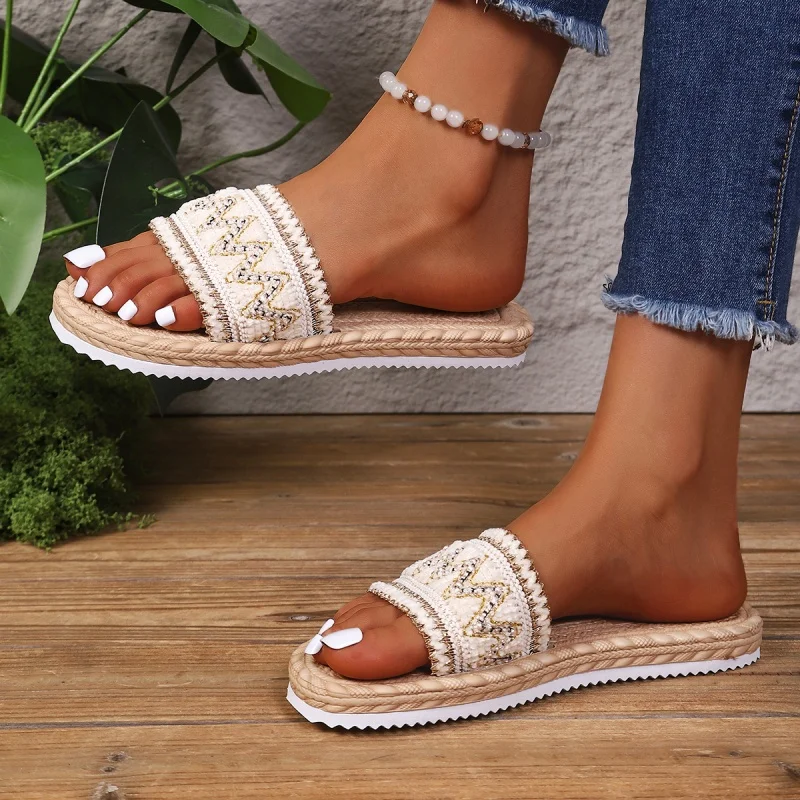 *Fashionable Hot Selling Sexy Elegant Flat Slippers Summer New Round Toe Thick Sole Comfortable Casual Slippers for Women
