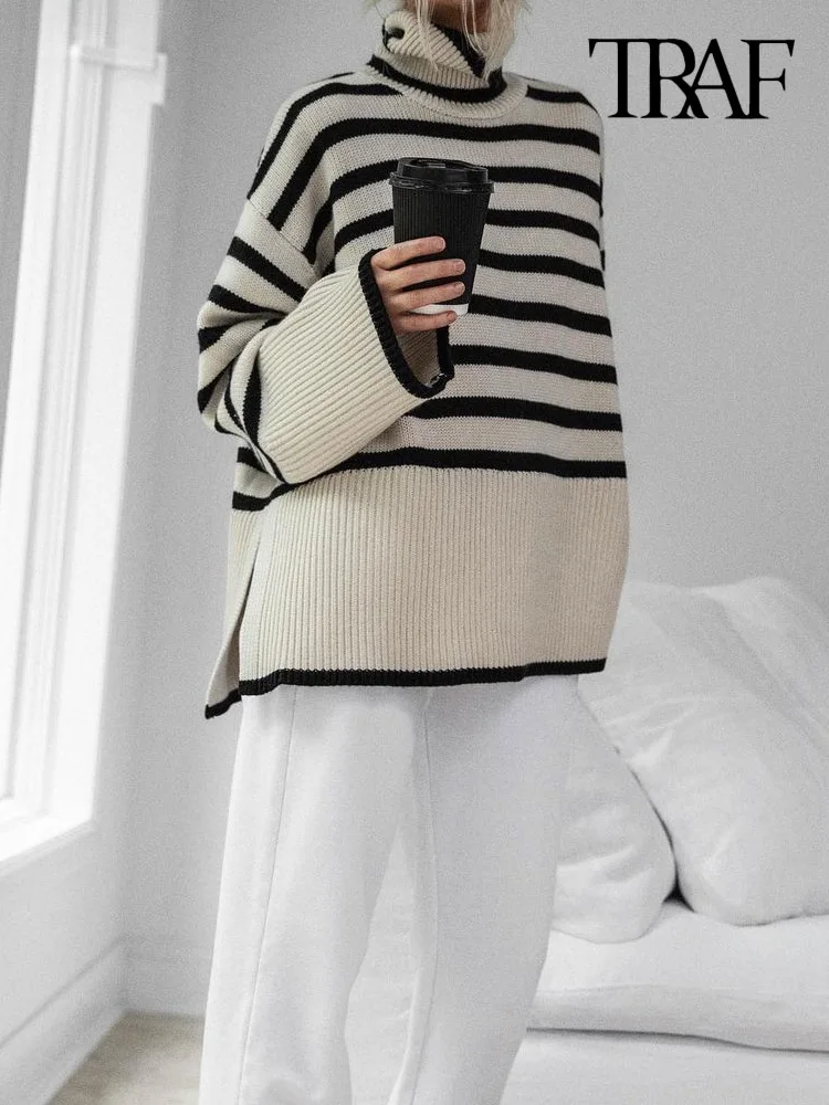 TRAF Women Fashion Oversized Winter Striped Knit Sweater Vintage High Neck Long Sleeve Female Pullovers Chic Tops