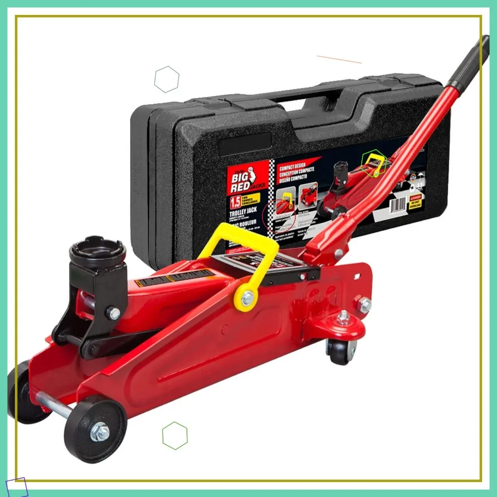 

1.5 Ton Hydraulic Trolley Floor Jack with Carrying Case, 3000 lb Capacity, Red - Smooth Maneuverability & Safety System