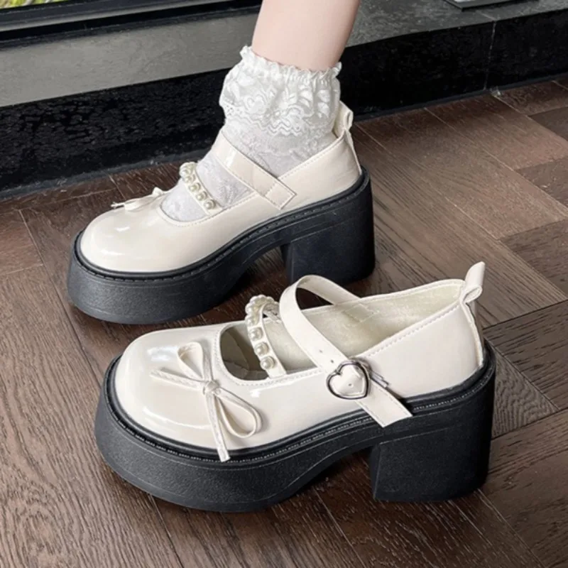 French Round Toe Thick Heel Single Strap Mary Jane Shoes for Women 2025 New Versatile Bow Patent Leather High Heels 35--40 Size