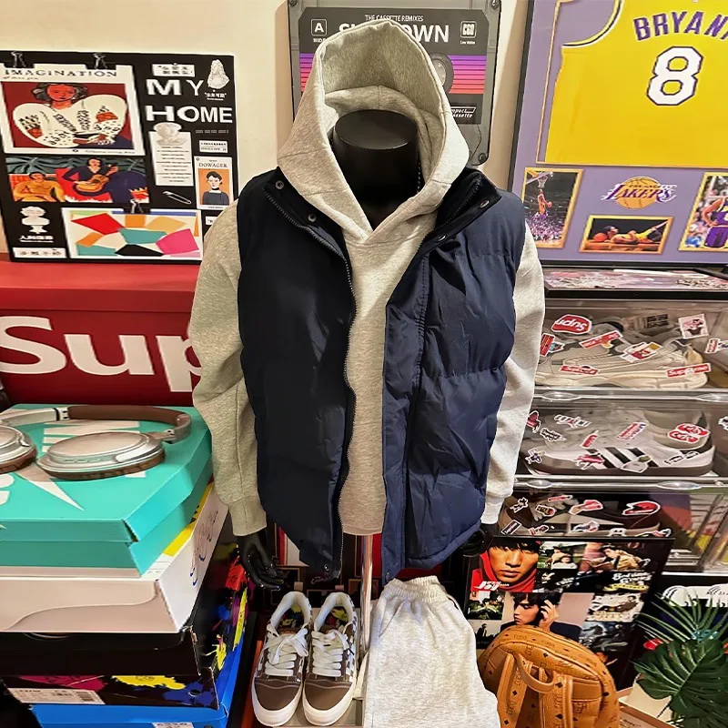 

Blue Quilted Jaet Warm Thiened Stand Collar down Vest American Retro Sle Cleanfit oulder Cotton Coat for Winter