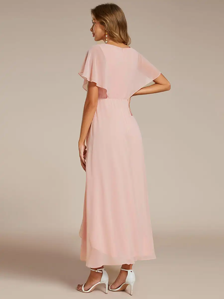 Classic Evening Dresses Appliques High-low Short Sleeves Floor length 2025 Ever Pretty of Chiffon Pink Formal Evening Dress