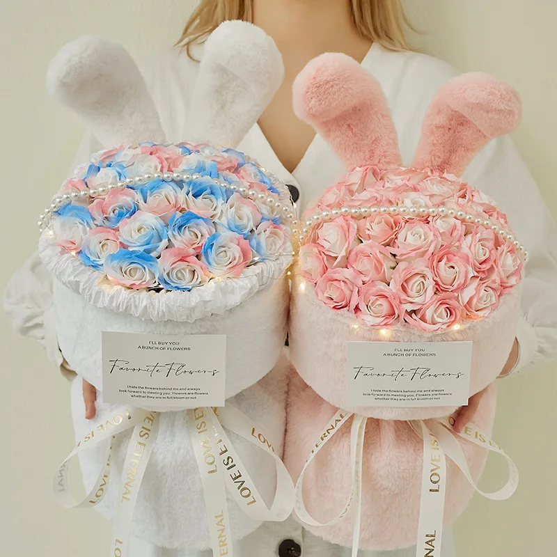 Rabbit Ear Rose Bouquet Doll Toys  Artificial Flowers Valentine's Day Rose Bouquet Wedding Party Decoration Xmas Birthday Gift