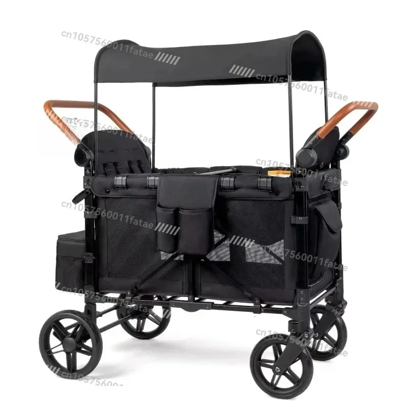 4‑Seater Kids Outdoor Folding Wagon Stroller, Full Canopy Camping Wagon for Children