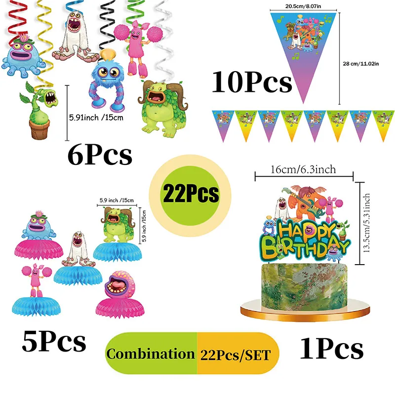 My Singing Monsters Cartoon-Animations-Thema Kuchenflaggen-Wirbel Strohhalme Alles Gute zum Geburtstag Party-Deko Zubehör – Detail 9