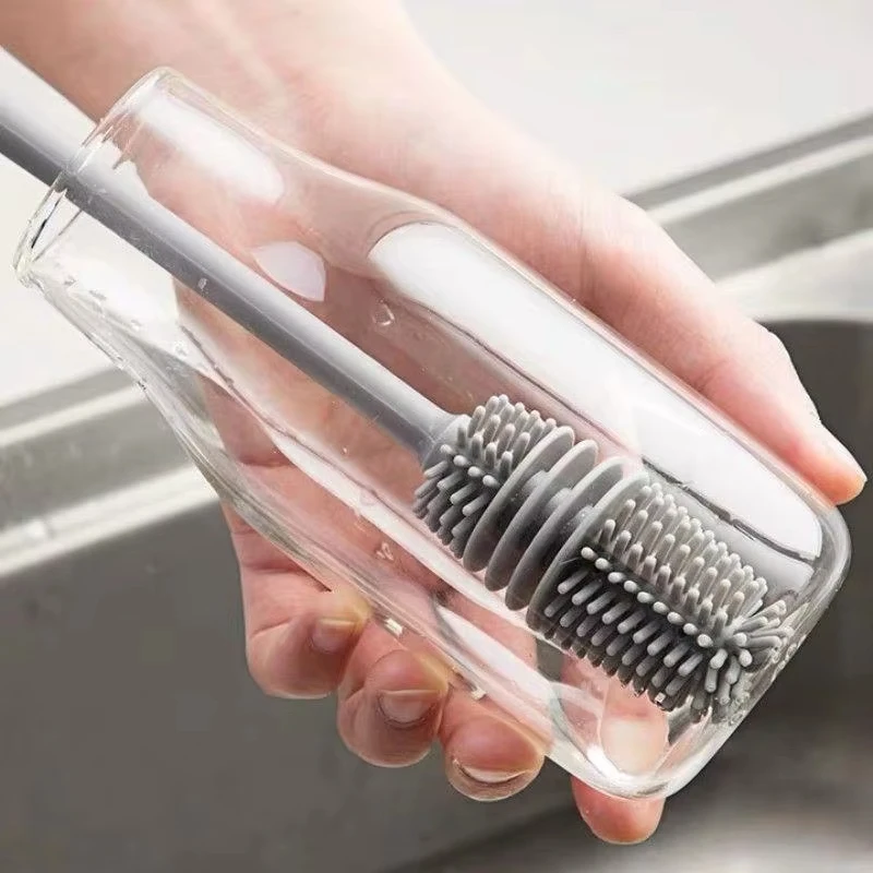 Silicone Bottle Brush Long Handle Glass Cup Scrubber Kitchen Cleaning Tool Drink Bottle Cleaner Soft Bristle Reusable Household