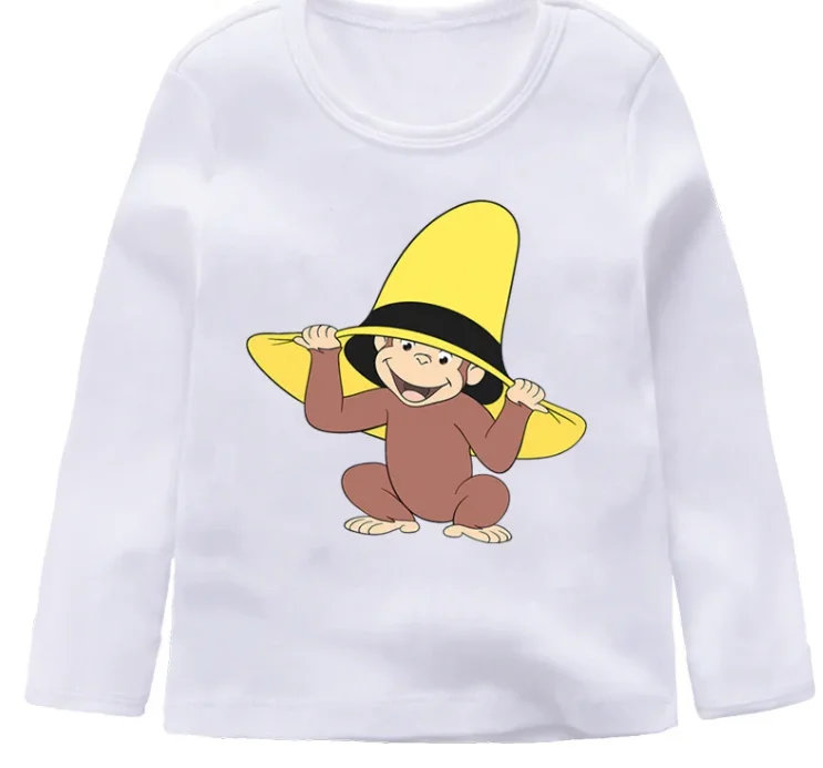 Cute Cartoon Curious George Design T Shirt Boys Girls New Casual Long Sleeve Tops Children\'s White T-Shirt,