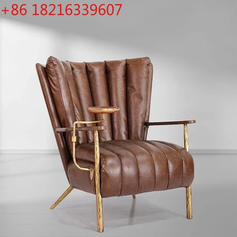 

Nordic medieval hand-forged wrought iron leather single sofa chair retro oil wax leather casual cigar chair