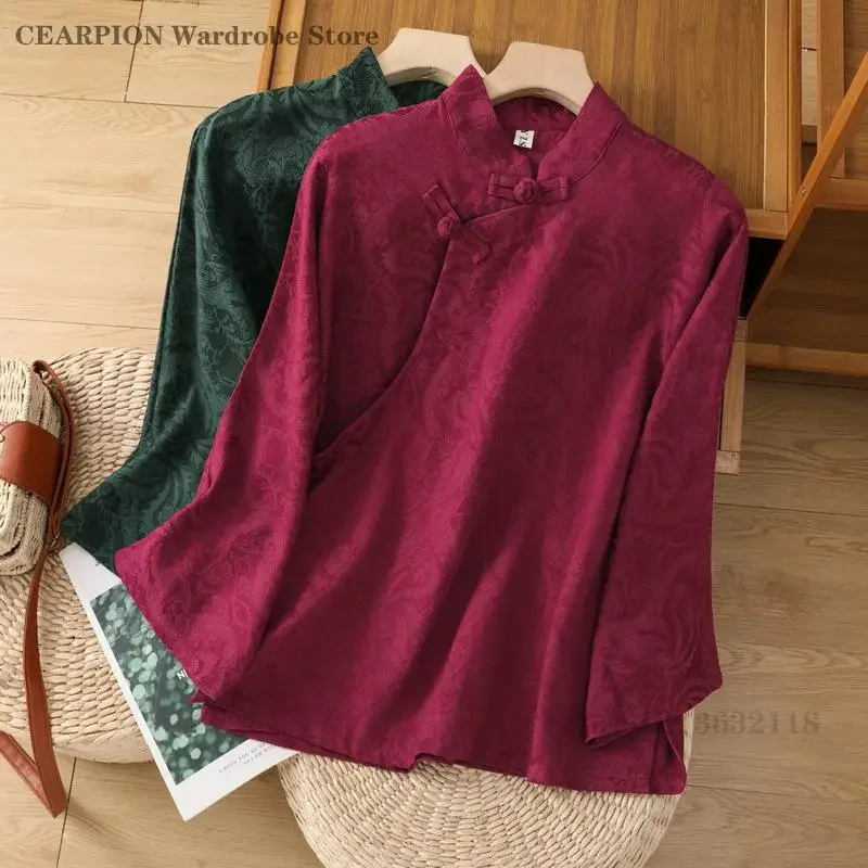 Improved Artistic Vintage Button Shirts Retro Ethnic Style Shirt Chinese Zen Jacquard Tops Women's Tang Clothes Hanfu Blouse