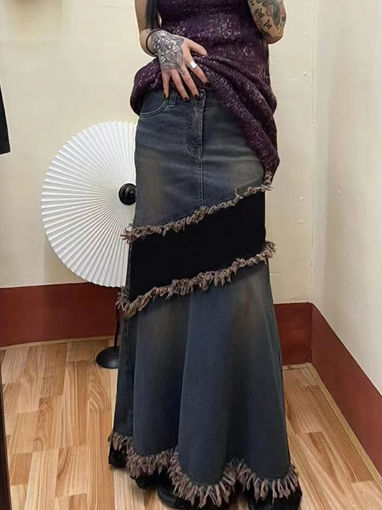 الرجعية المرقعة اللون بلو تصميم المتوترة هيم الدنيم تنورة المرأة الخريف جديد الرغبة النقية ألف خط Fi الذيل تنورة