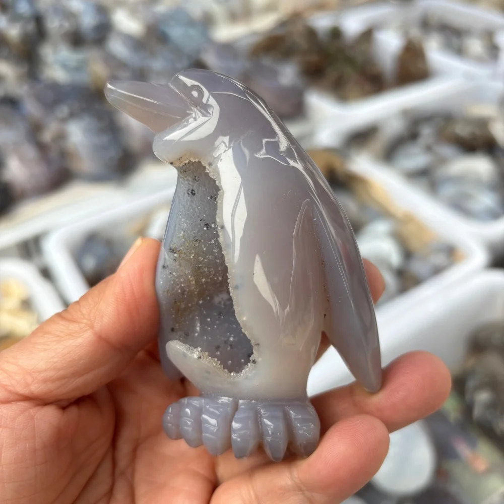 1PC Natural Agate Geode Druzy Penguin Figurine Hand Carved Crystal Animal Statue Healing Stone Desktop Ornament Home Decor Reiki
