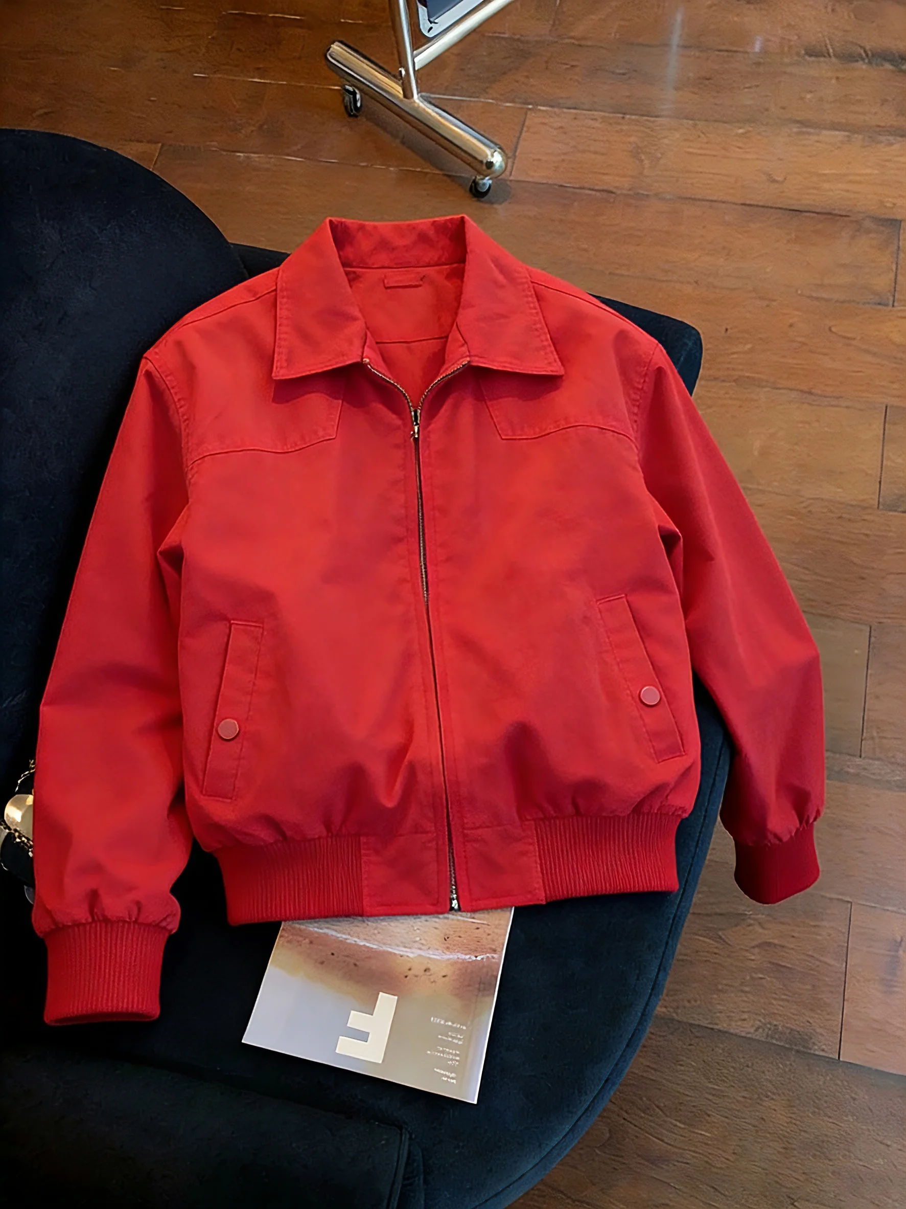 

Retro American Red Workwear Collar Jaet Loose Casual ex Spring Autumn Design Trendy Couple Tops Zipper Closure Warmth