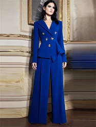 Royal Blue Women's Suit Set With Butterfly Rose Shaped Metal Button Wide Leg Pant Slim Fitting Jacket Women Tuxedo