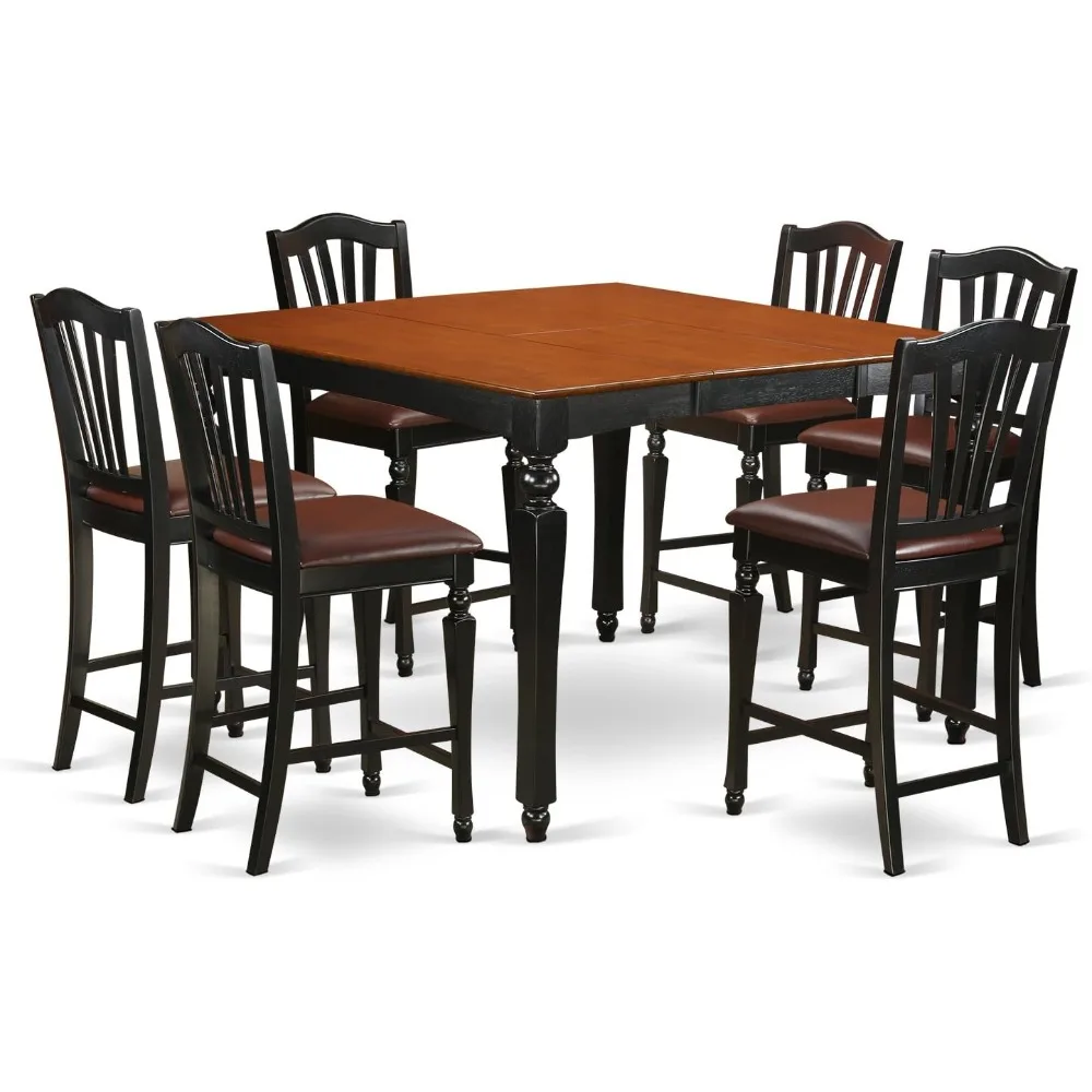 CHEL7-BLK-LC 7-piece kitchen counter set, including a square table with butterfly leaves and 6 faux leather dining chairs