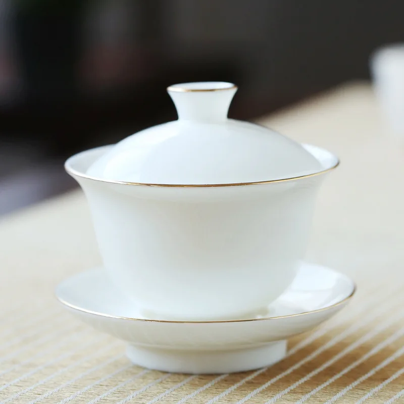 

Dehua Porcelain Cover Bowl Ceramic Kung Fu Sancai Bowl White Porcelain High White Painting Gold Tea Bowl