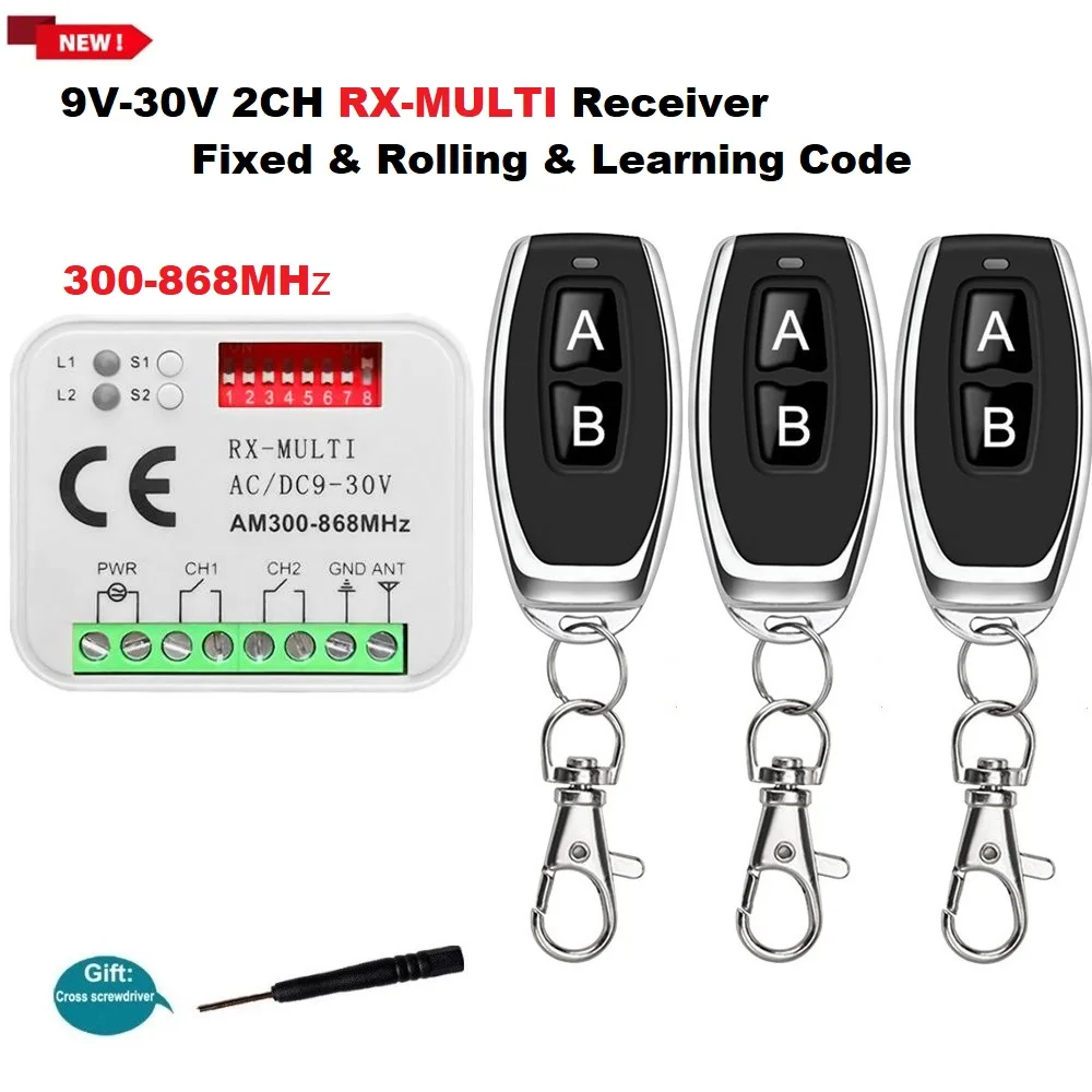 RX-MULTI Receiver AC/DC 9V-30V 2CH 300MHz-900MHz MultiFrequency Garage Door Remote Control Gate Opener Receiver Controller