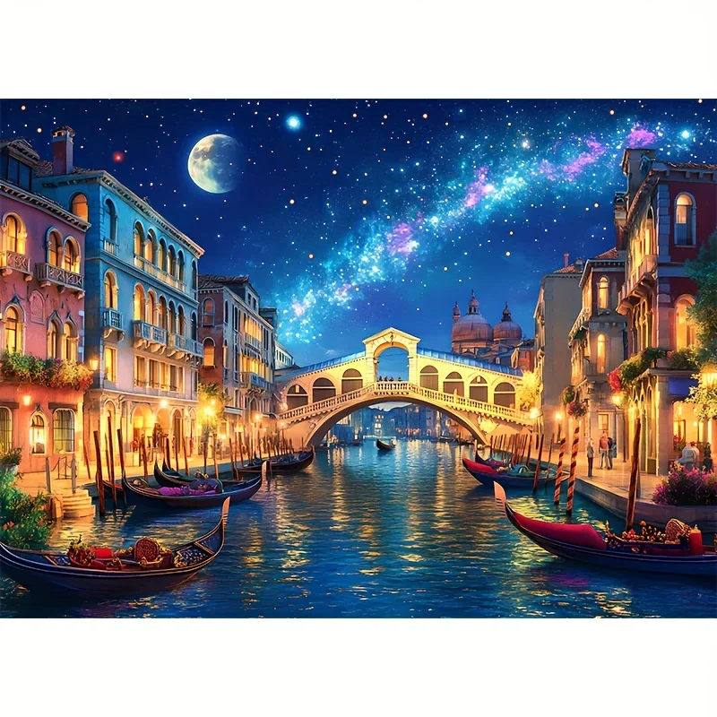 1000 قطعة من أحجية الصور المقطوعة الليلية الصغيرة من فينيسيا - 38 × 26 سم، قناة كبيرة في المشهد الليلي، مثالية للبالغين وجامعي الفنون