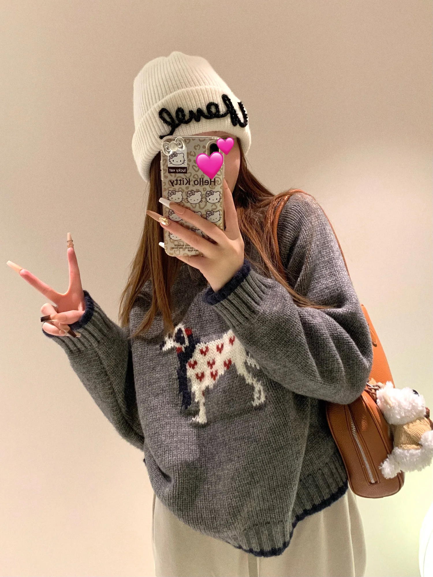 

Linzi Cute Spot Dog Long Sve круглый вязаный свитер Color Blo Overhead Quali up Commute Sle Winter Faion Ladie...