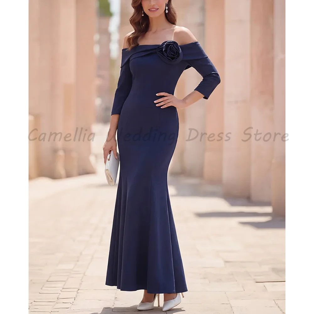 

Elegant Navy Blue Mermaid Evening Dress Off The Shoulder 3/4 Sleeve With 3D Flower Formal Mother Of The Bride Gown