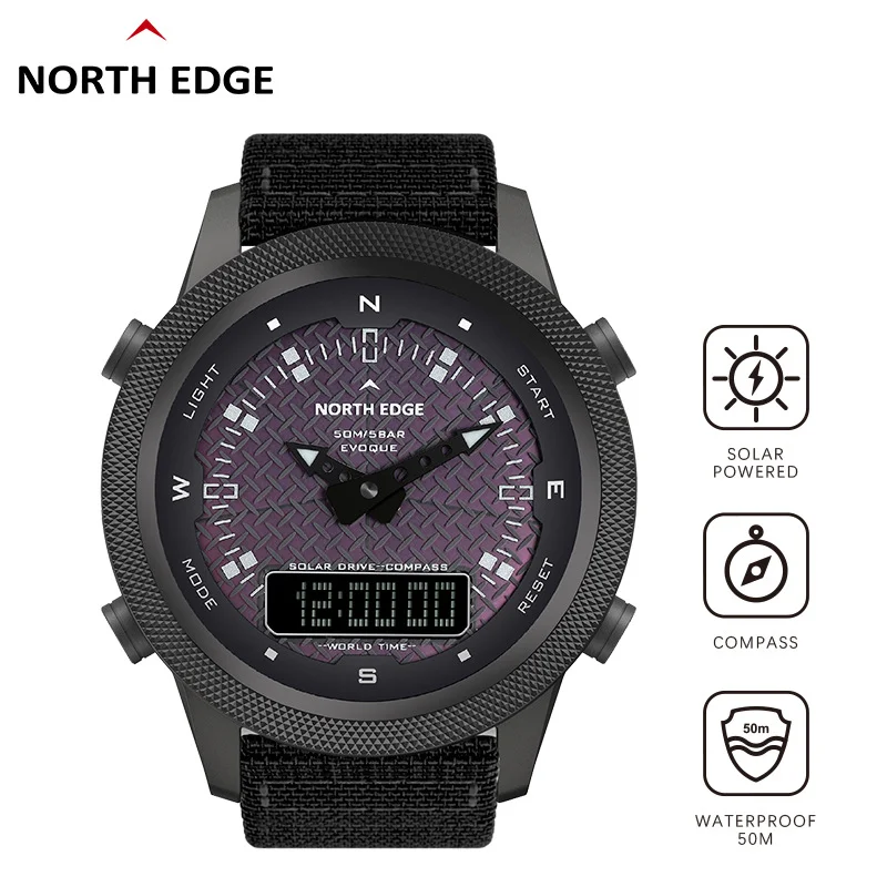 

NORTH EDGE Solar Watches for Men EVOQUE Compass Stopwatch Alarm Clock Waterproof 50M Nylon Strap Mens Watch Relogio Masculino