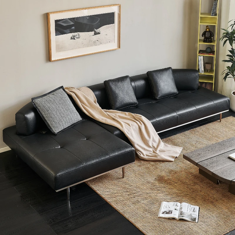 Leather Art Sofa Minimalist Full Leather Yellow Cowhide Sofa