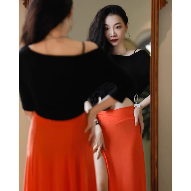 Jupe d'entraînement de danse du ventre à fente irrégulière personnalisée avec leggings intégrés, vêtements de danse exotiques, costume de danseuse du ventre de carnaval samba