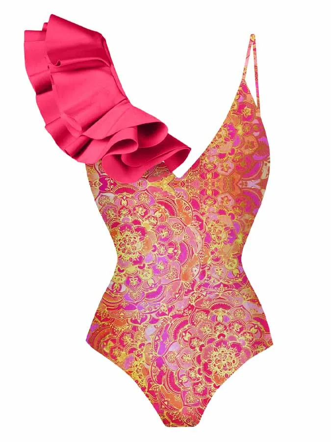 Bañador con estampado Floral y volantes para mujer, traje de baño de una pieza con cuello en V, estilo playero, para vacaciones de verano, 2023