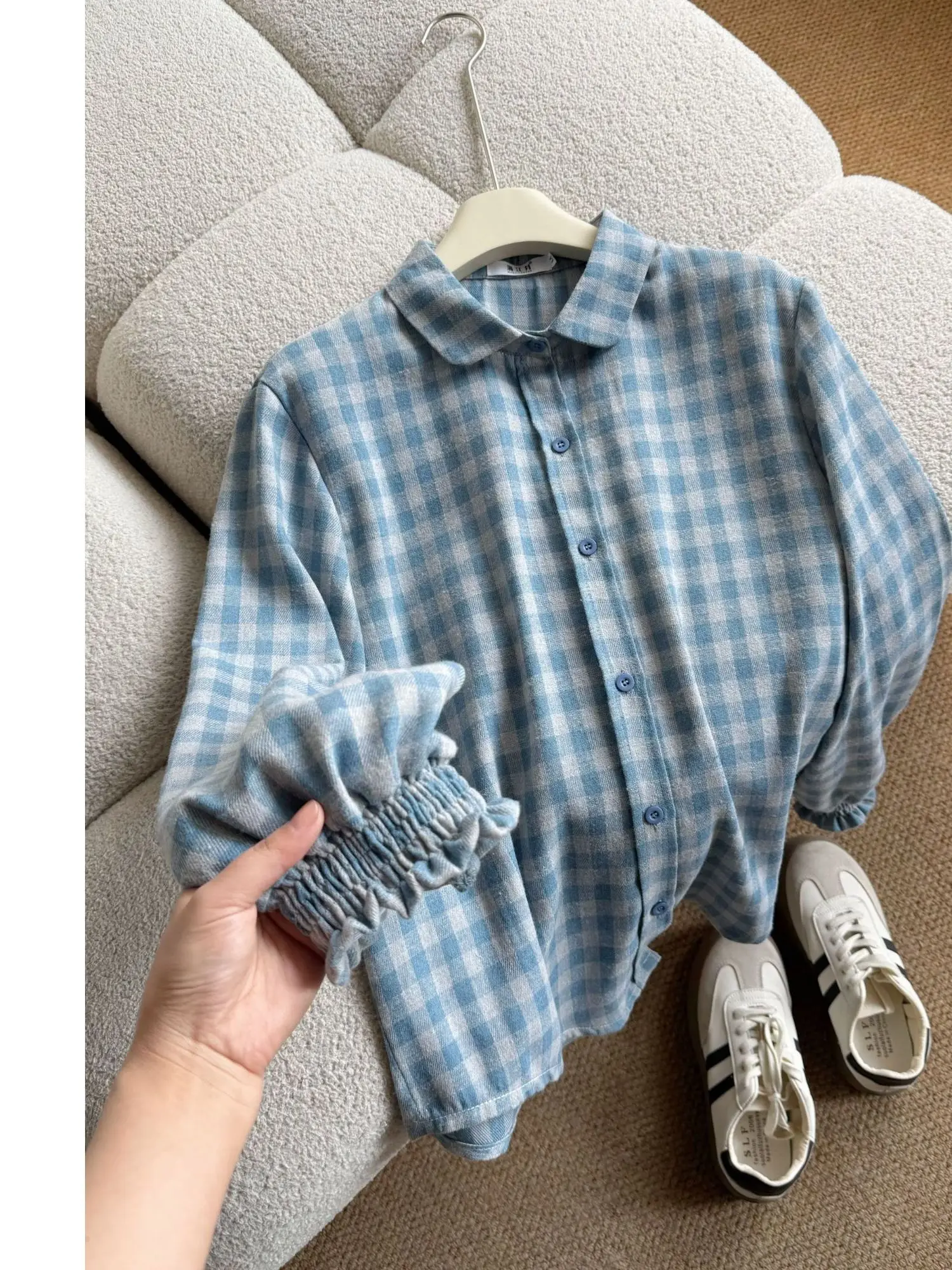 

Spring New Style Korean Loose Casual Plaid Shirt Fashionable Vintage Loose Slimming Collar Women's Breathable Long Sleev...