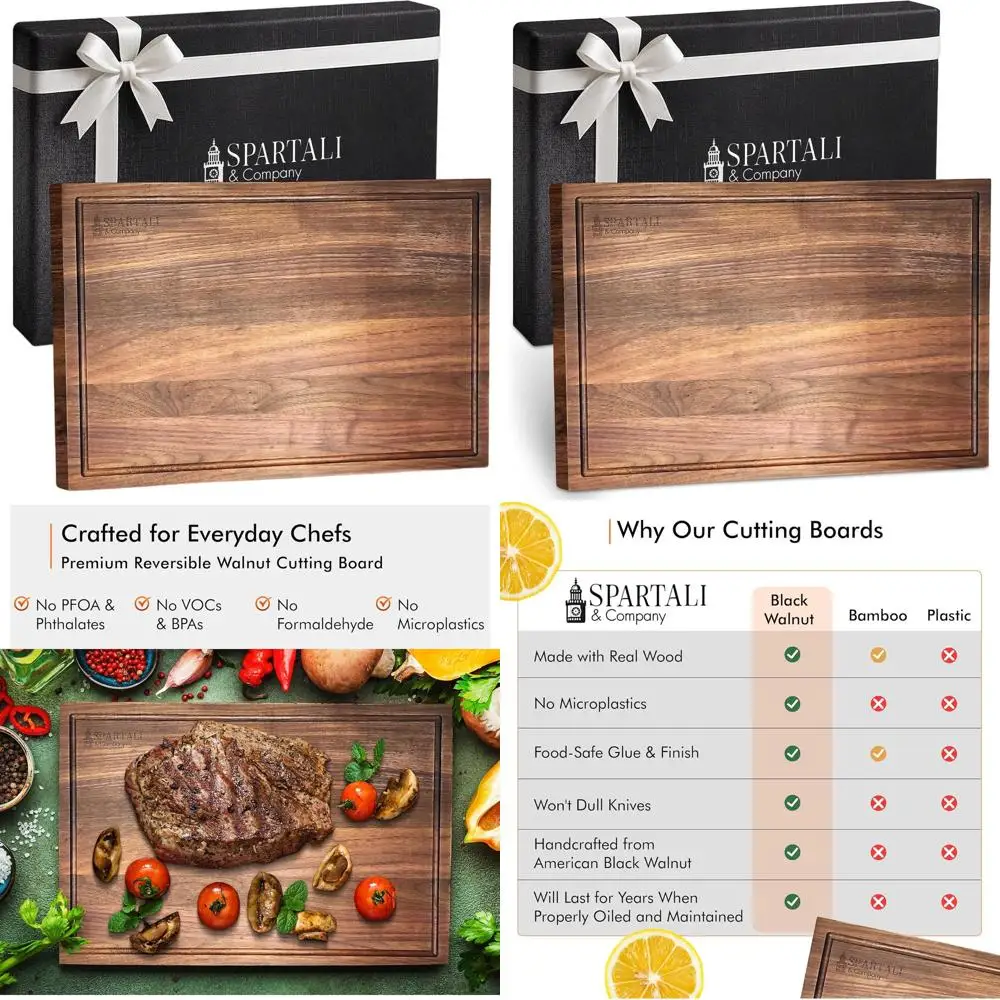 

Reversible Black Walnut Cutting Board, 18x12, with Juice Groove - Premium Hardwood Block for Food Prep, BPA-Free, Gift Box Inclu