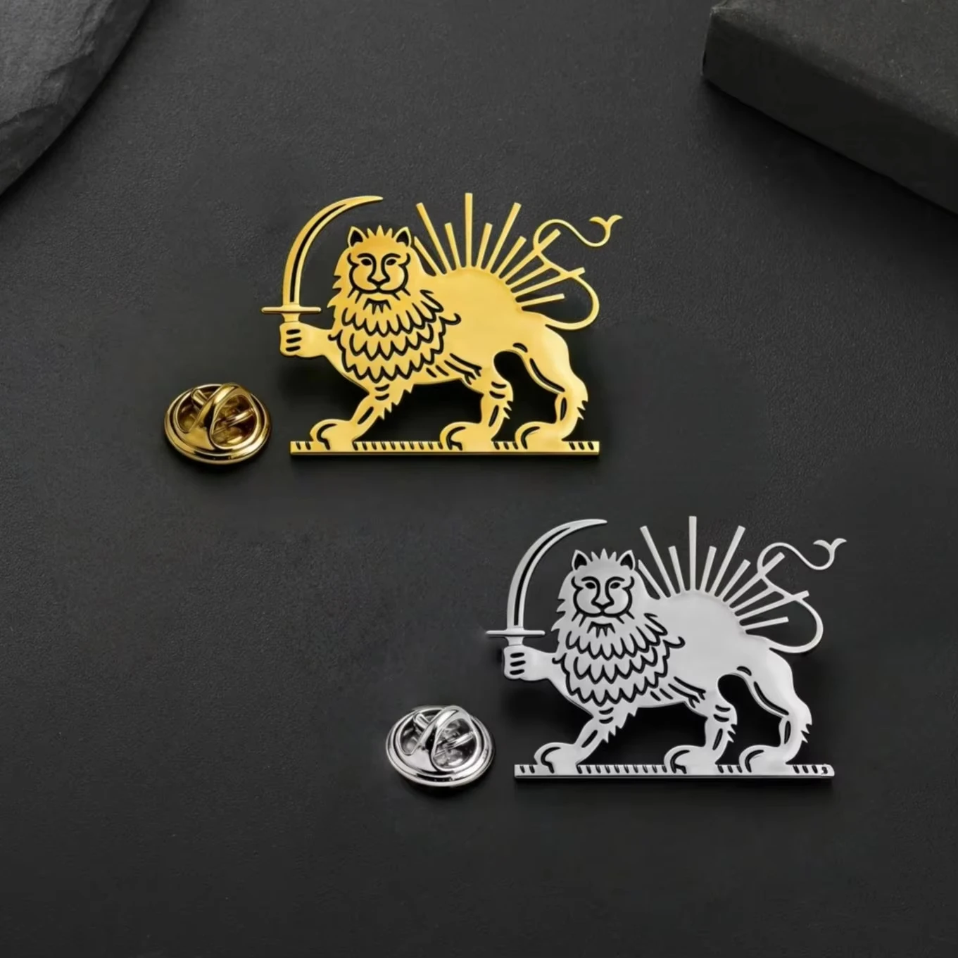 CoolTime Iran Shir o Khorshid Persian Lion and Sun Lapel Pin Men Brooch Gold Color Tone Emblem Jewelry Iranian Souvenir Gift