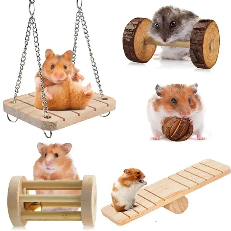 Mini Rabbit Roller Toys Natural Wooden Pine Dumbells Unicycle Bell Chew Toys for Guinea Pigs Rat Small Pets Molars Accessories